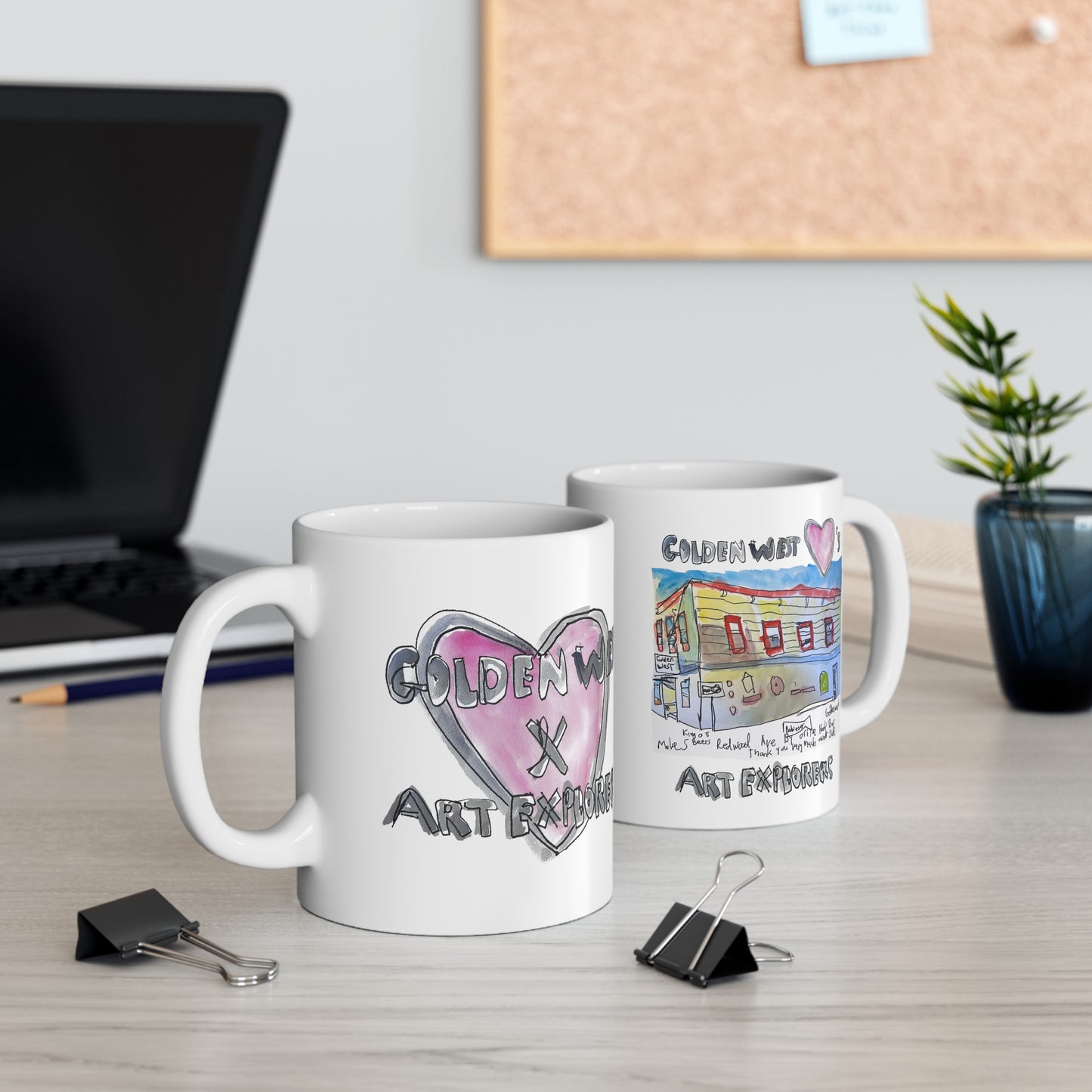 Mug — Golden West x Art Explorers Heart Logo & Building Ceramic Coffee Cup (11oz)