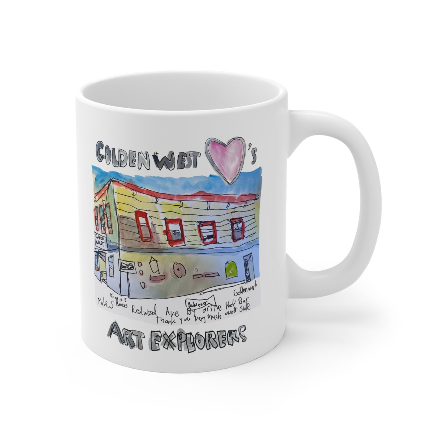 Mug — Golden West x Art Explorers Heart Logo & Building Ceramic Coffee Cup (11oz)