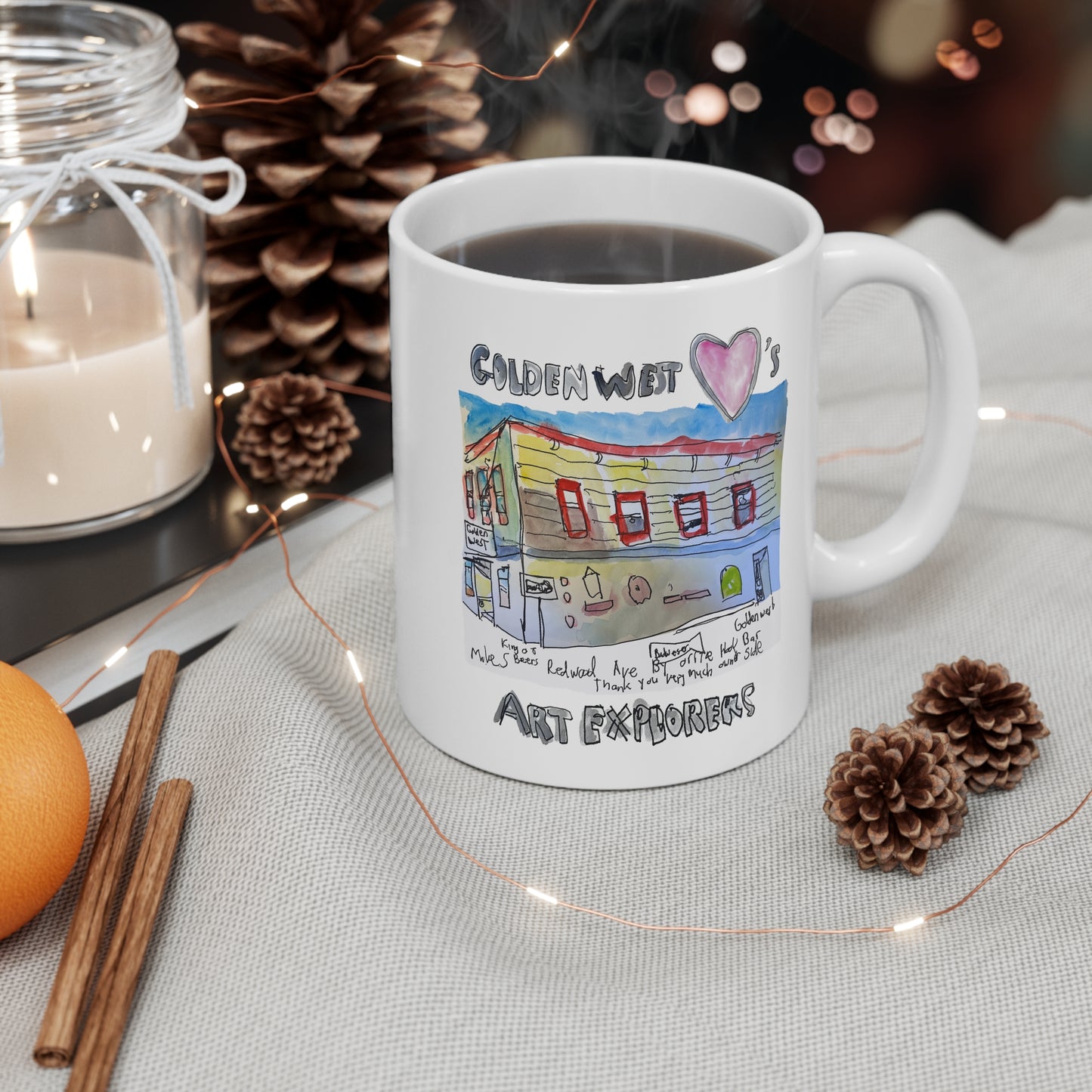 Mug — Golden West x Art Explorers Heart Logo & Building Ceramic Coffee Cup (11oz)